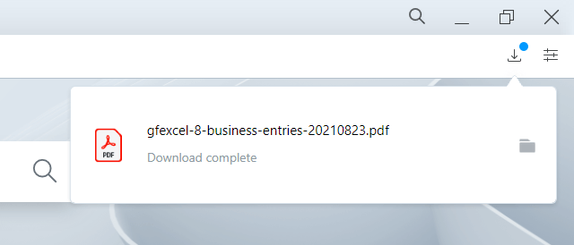 Download notification for a PDF file titled "gfexcel-8-business-entries-20210823.pdf", download complete