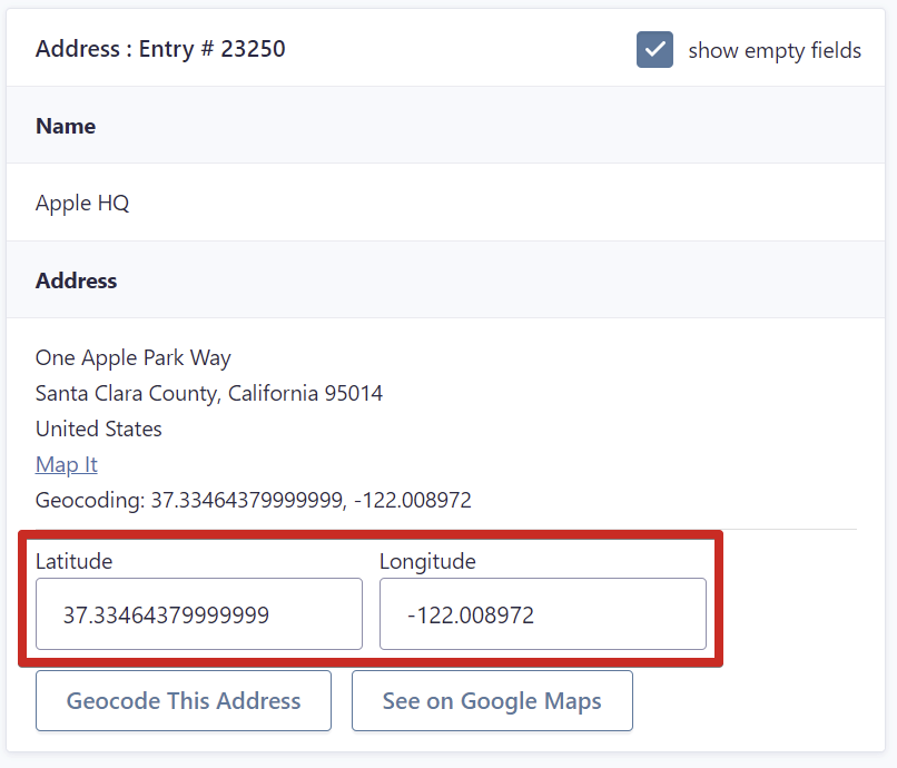 Entry showing geocoding for Apple HQ with latitude and longitude coordinates. Options to geocode or view on Google Maps