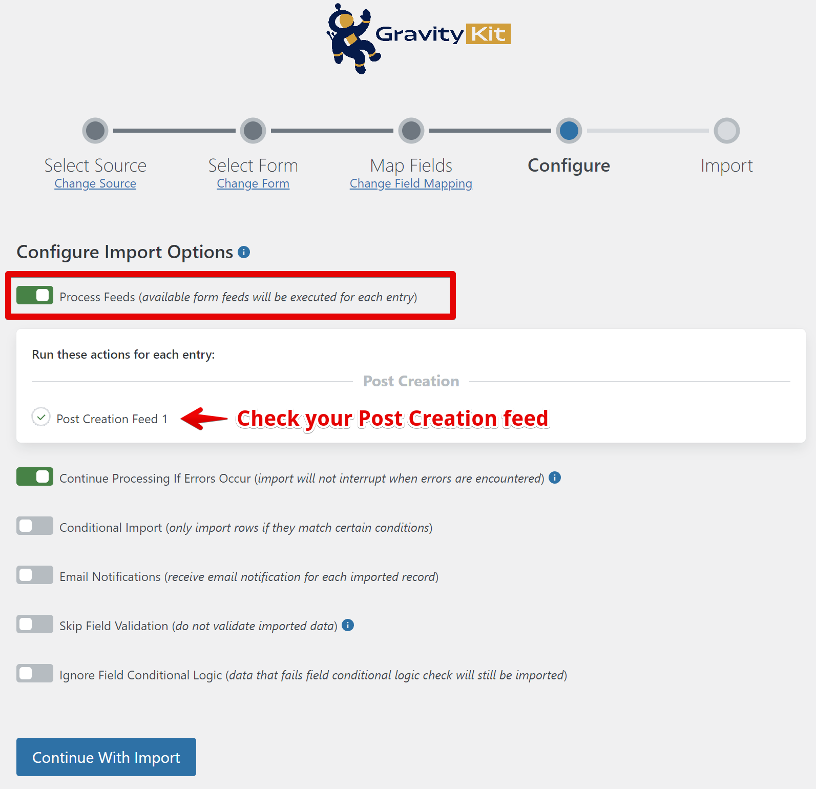 Screenshot showing the option to toggle Process Feeds on the Configure step of the import process