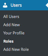 WordPress Users menu showing options: All Users, Add New, Your Profile, Roles, Add New Role