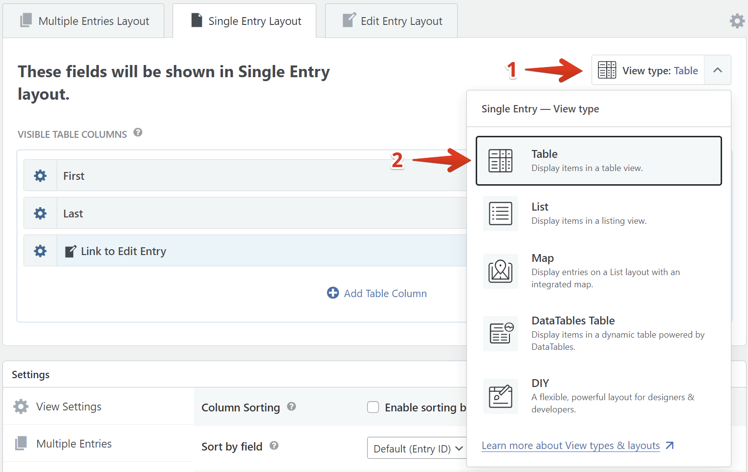 Selecting table view for displaying items in single entry layout settings