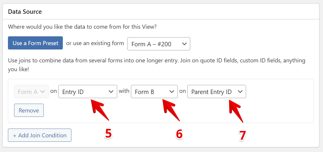 Form setup interface showing options to join Form A and Form B using Entry ID and Parent Entry ID