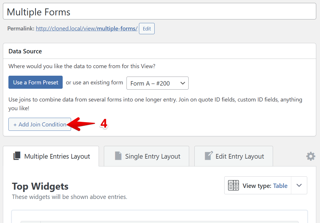 Button to add join conditions for combining form data into a single entry
