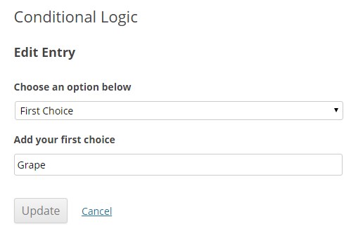 Edit Entry page with dropdown for choice and text field entry for first choice. Update and Cancel buttons displayed