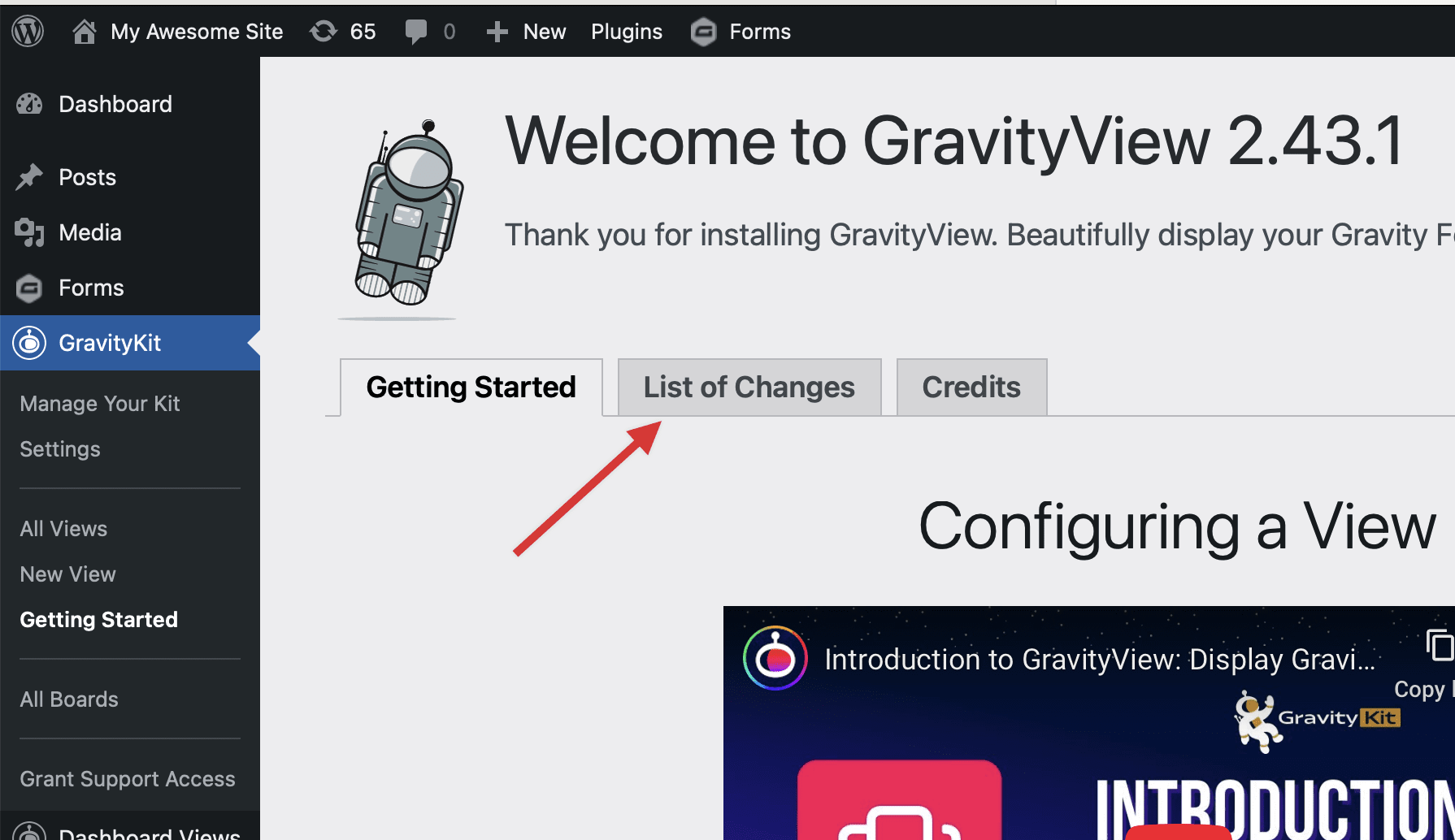 GravityView dashboard with navigation menu and "List of Changes" tab highlighted