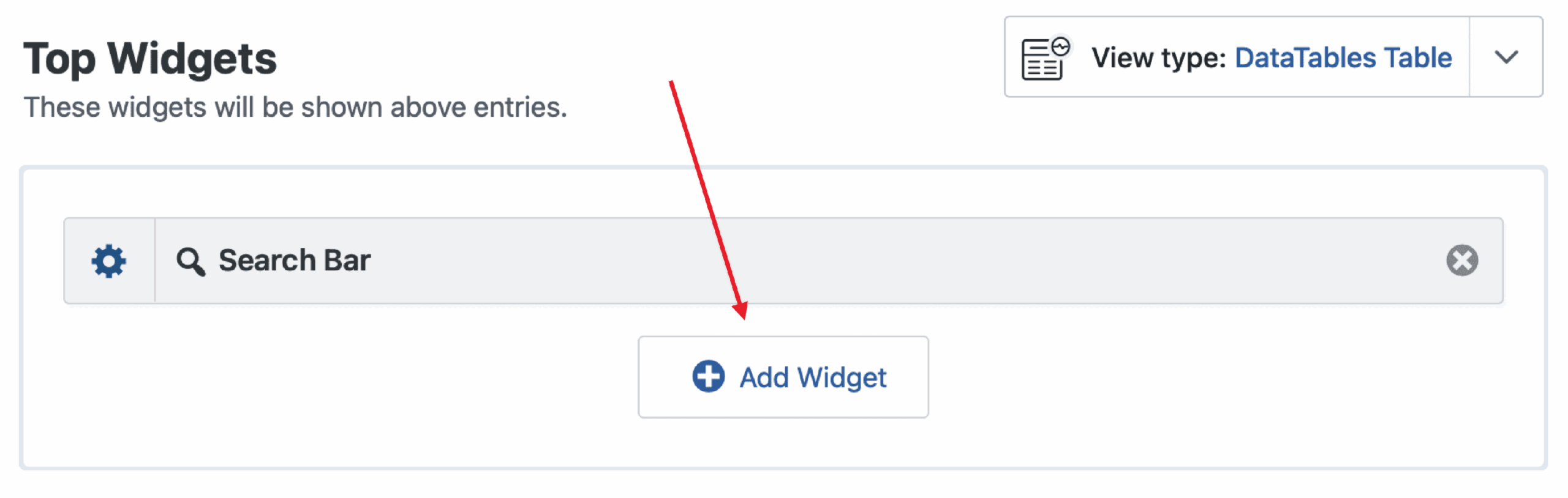 Add Widget button under a search bar in GravityView's Top Widgets section