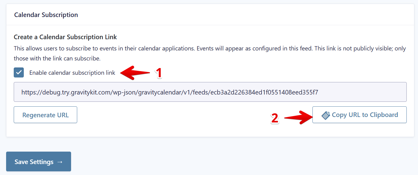 Enable calendar subscription link and copy URL to clipboard options in settings