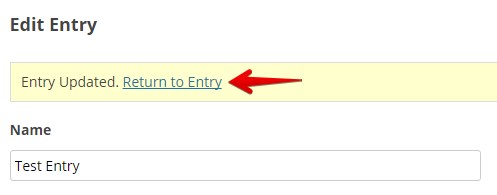 "Message bar showing 'Entry Updated' with 'Return to Entry' link for navigation."