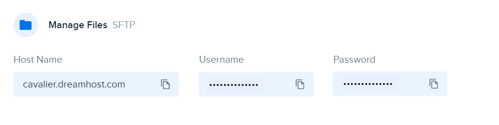 SFTP login fields for Host Name, Username, and Password with copy buttons