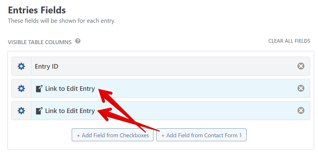 Entries Fields interface showing two "Link to Edit Entry" options with delete icons