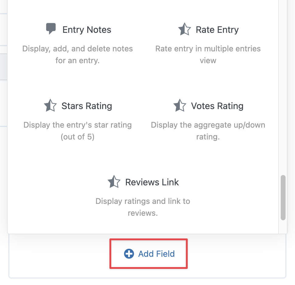 Entry options for notes, ratings, reviews, with an