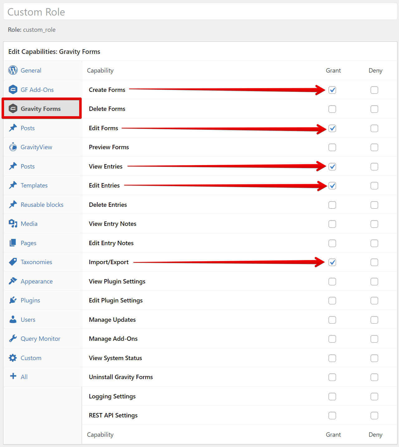 Screenshot of the Gravity Forms tab from the Members plugin