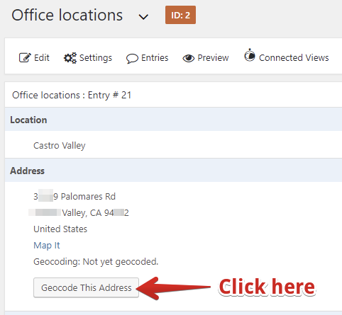 Geocoding pending; click "Geocode This Address" in location settings to update map