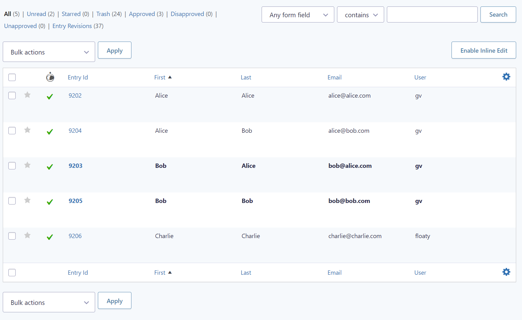 Table showing entries with IDs, names, emails, and user statuses; filters for viewing entries