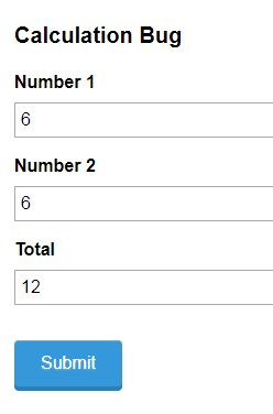 Form showing incorrect total of 12 for inputs 6 and 6, indicating a calculation bug