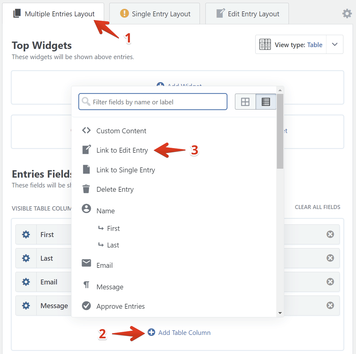 Tabs for multiple and single entry layouts and dropdown for entry linking options are shown