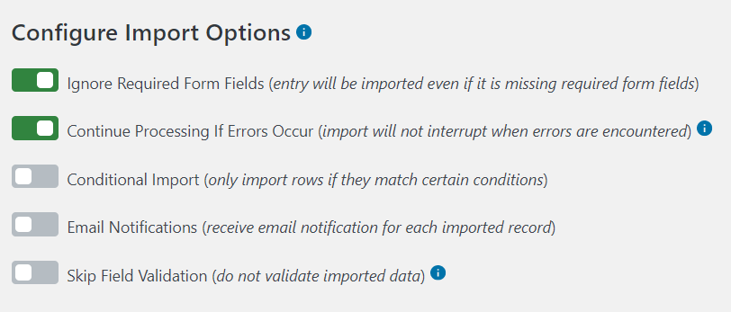 The Configure Import Options screen