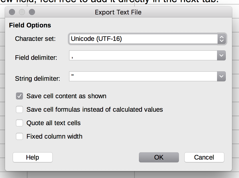 Export Text File options in LibreOffice, showing character set, delimiters, and content save settings