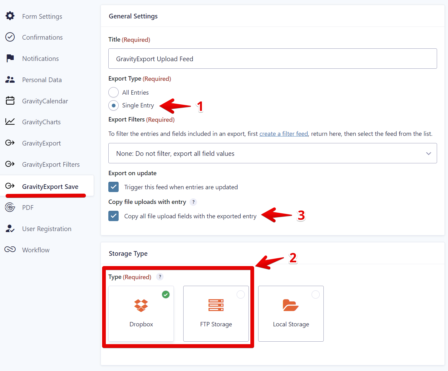 GravityExport settings: select single entry export, file upload copy, and Dropbox storage type
