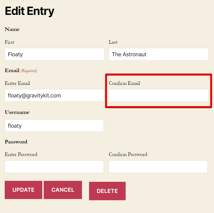 Edit Entry page with a highlighted Confirm Email field to be hidden