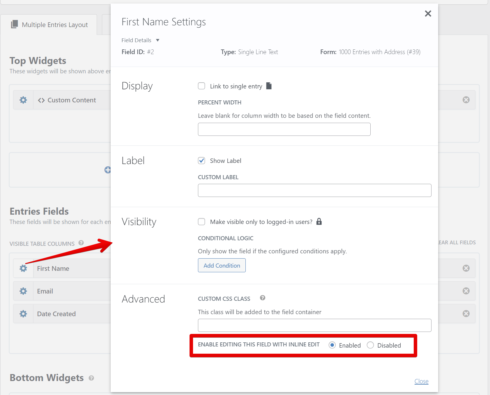 First Name field settings for enabling inline edit, with visibility and label options