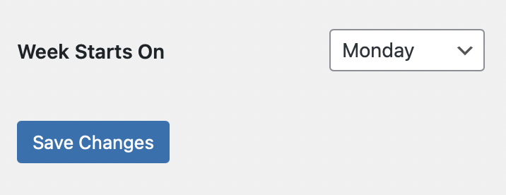 Dropdown menu to select start day of the week, currently set to Monday, with a "Save Changes" button