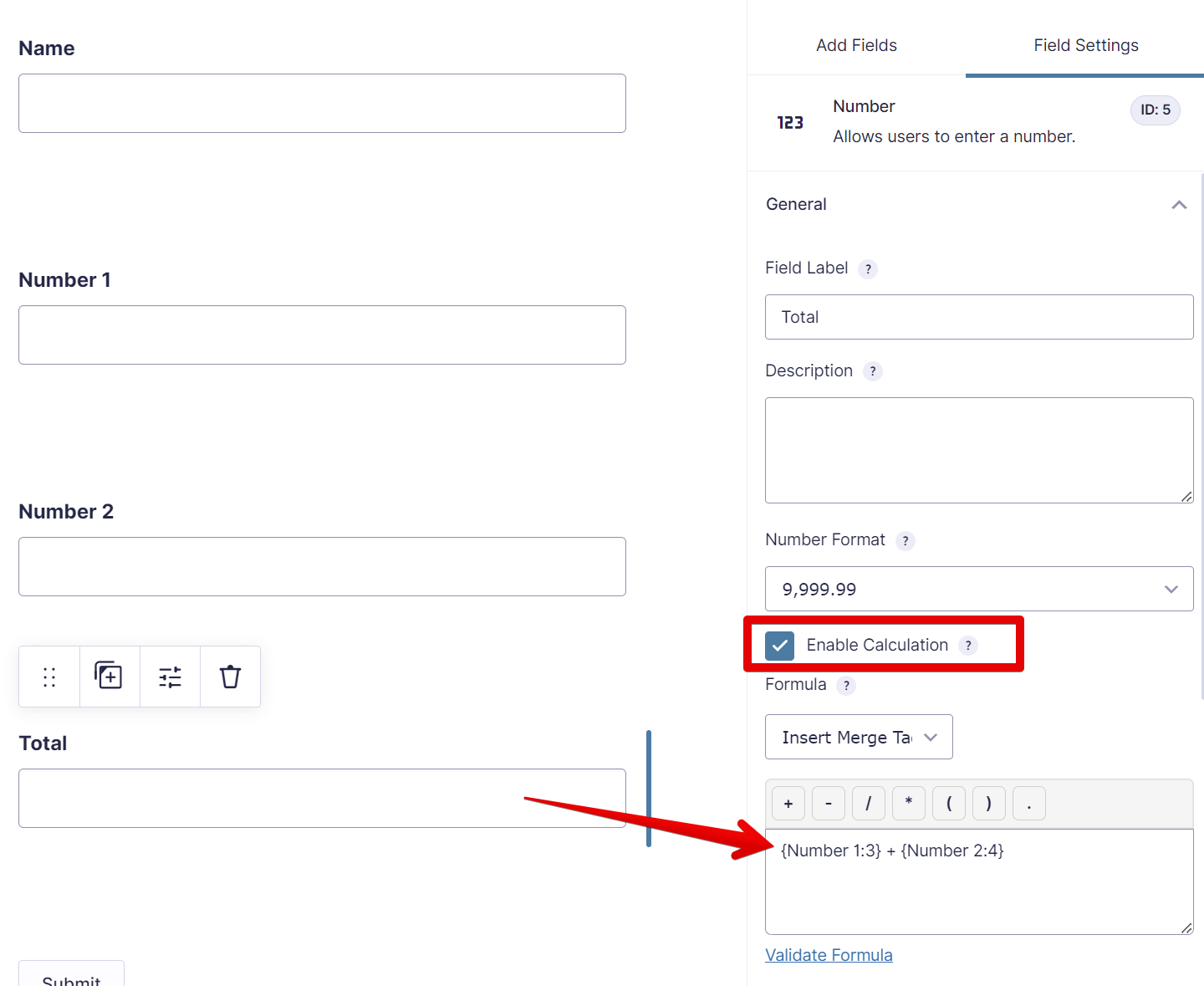 A screenshot showing a form inside Gravity Forms' form editor contaning four fields, three of the being a number field. The total field settings panel is opened showing the calculation forma.