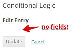 Conditional Logic notice: Edit Entry page shows no fields available, options to Update or Cancel