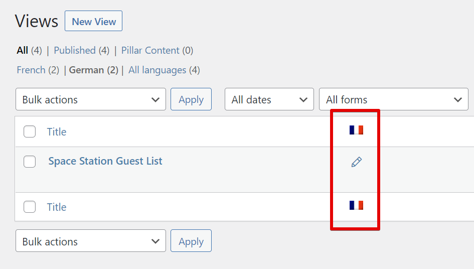 Table view with language filter options, showing a "Space Station Guest List" entry