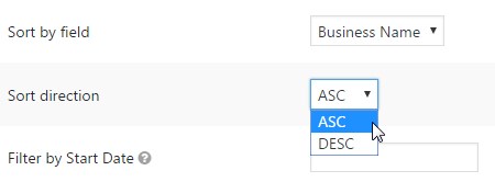 Sort options with "Business Name" field selected and "ASC" ascending order chosen from dropdown menu