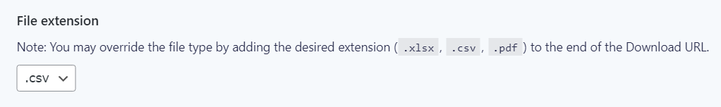 Select a file extension (.xlsx, .csv, .pdf) to change the report format via the URL