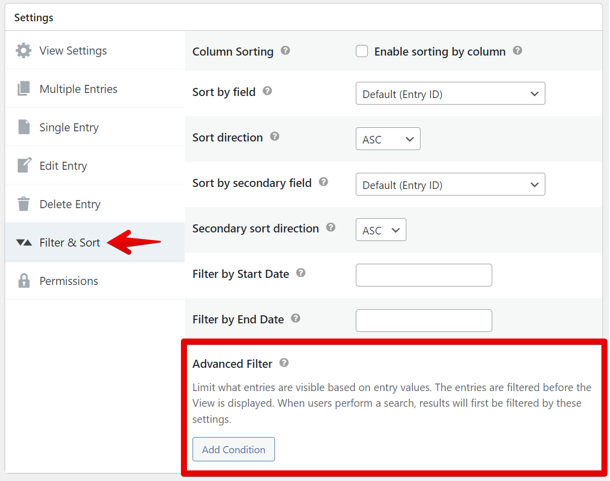 Settings screen showing filter and sort options for entries with advanced filter condition input