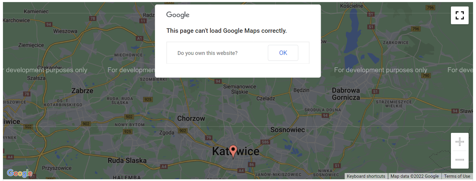 Google Maps API error message: "This page can't load Google Maps correctly."