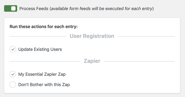 Process Feeds setting on the Configure screen is checked. There are two feed providers shown, with multiple checkboxes that allow the user to select which feed to process when importing entries.