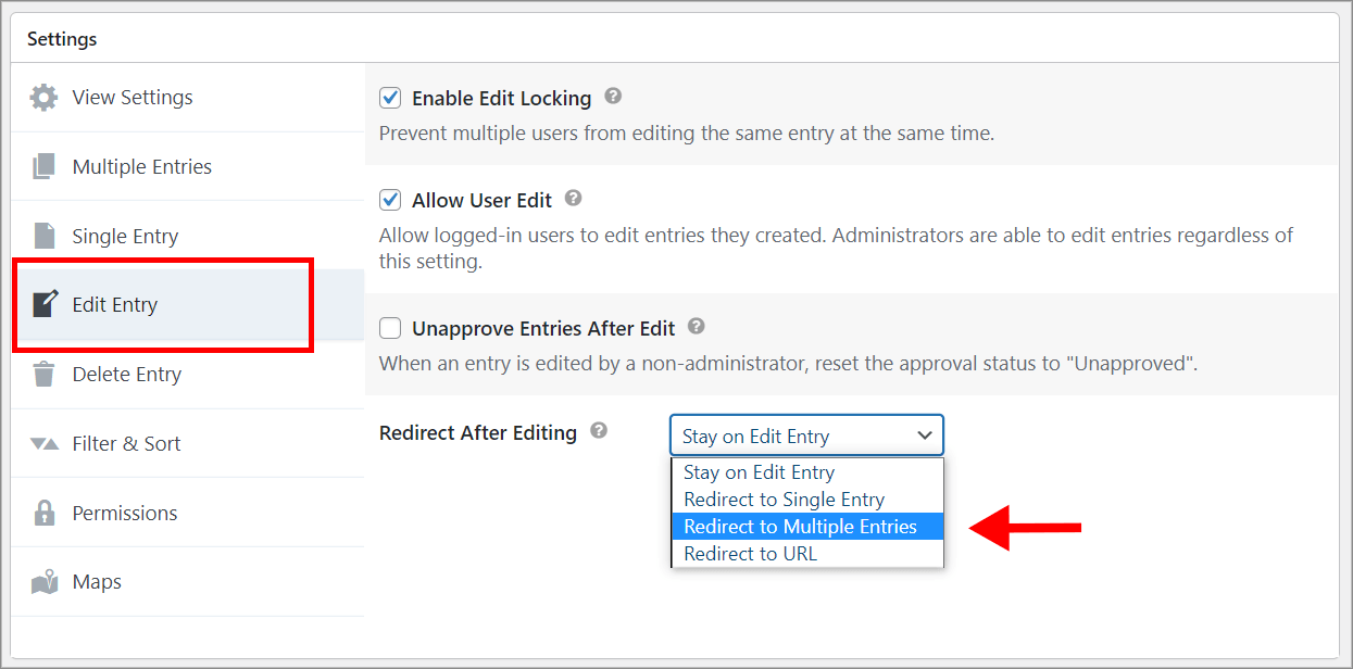 Settings menu with "Edit Entry" selected; dropdown set to "Redirect to Multiple Entries"