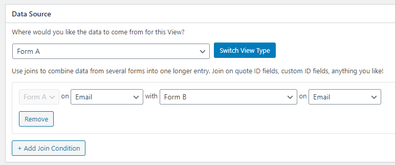 Data source selection with options to join Form A and Form B by email