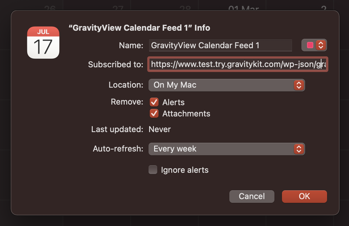 Subscription settings for GravityView Calendar Feed, showing name, URL, location, update, and alert options