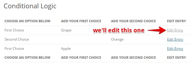 Conditional Logic table showing options with "Edit Entry" link highlighted for editing