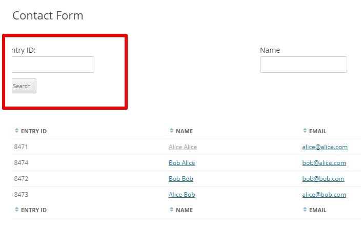 Search bar with input field for entry ID on a contact form above a table of names and emails