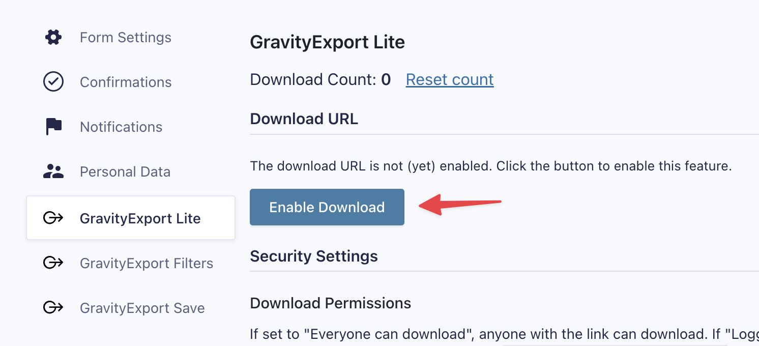 Enable Download button in GravityExport Lite settings to activate PDF download link feature