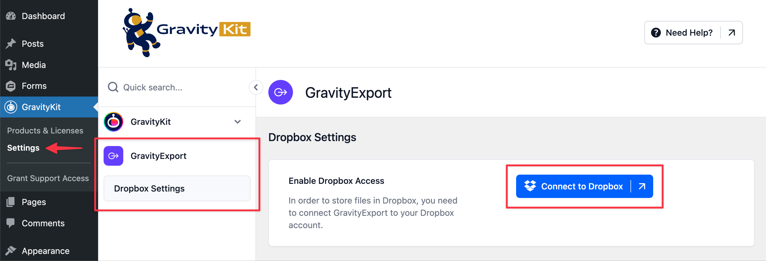 Connect Dropbox button in GravityExport Dropbox settings