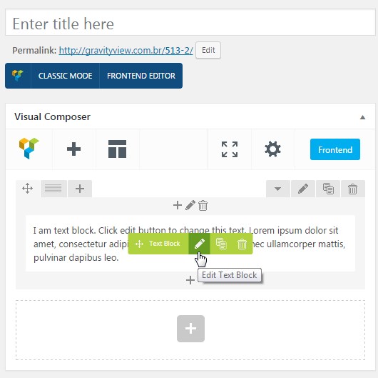 Visual Composer interface with options to edit a text block