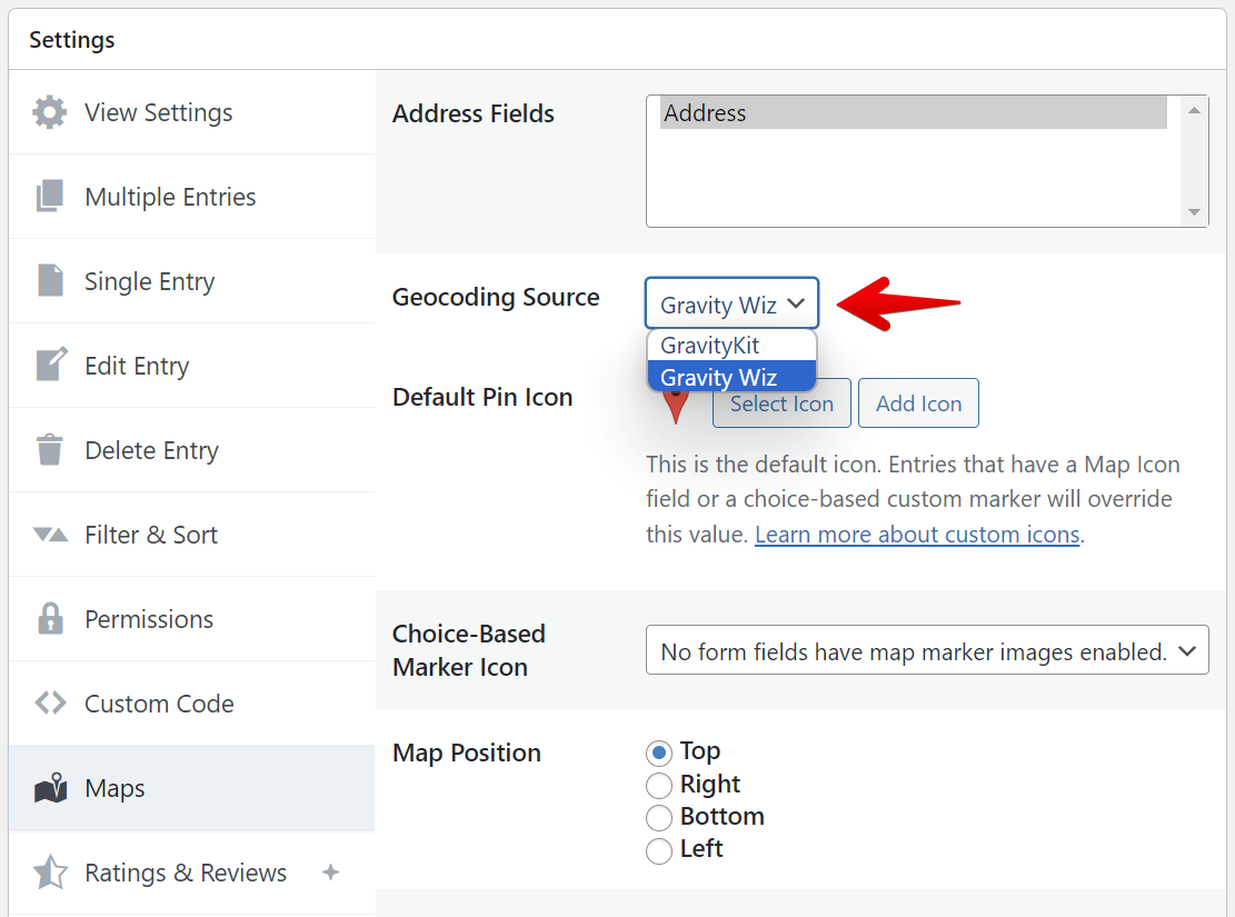 Settings menu for GravityView Maps, showing geocoding source options GravityKit and Gravity Wiz