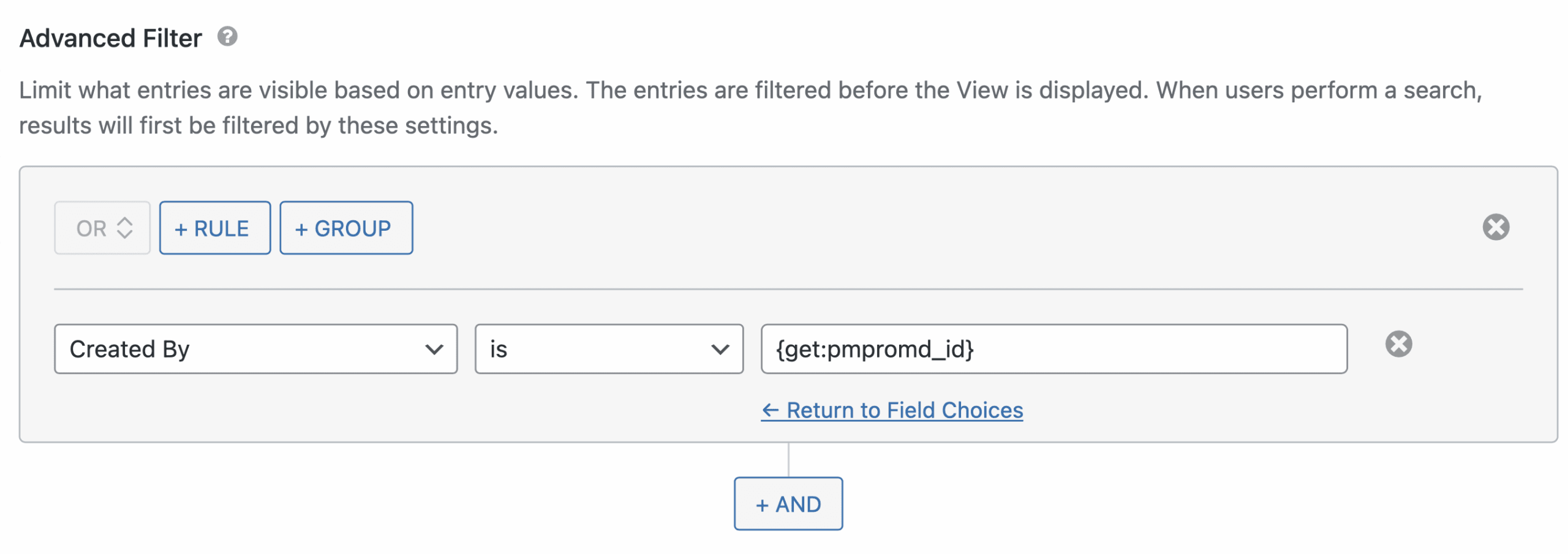 Advanced filter with a "Created By" condition set to user ID for directory entry visibility
