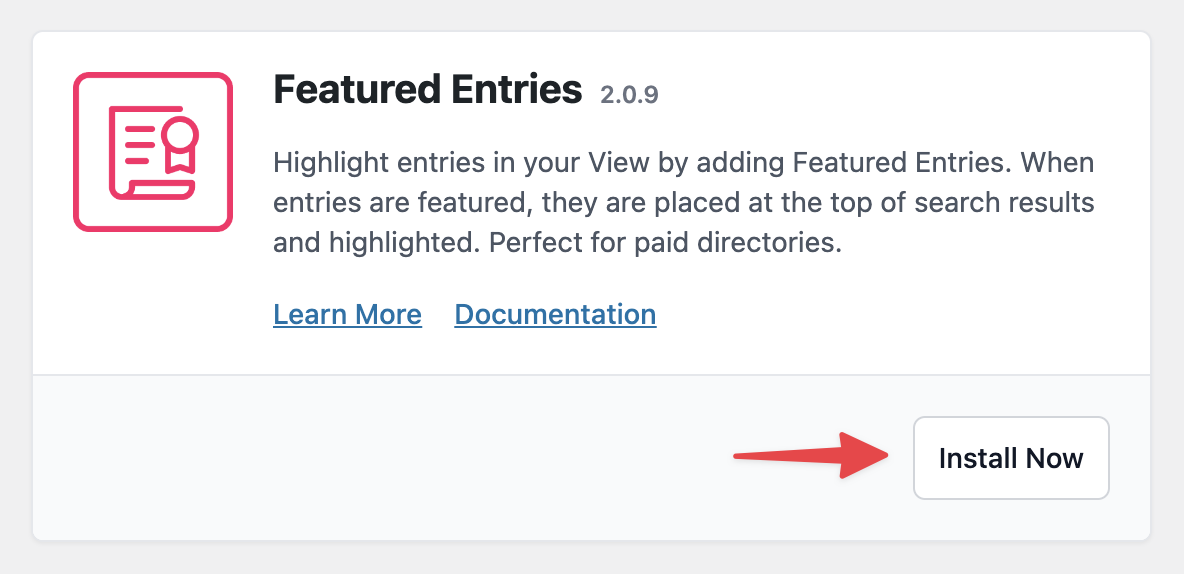 Featured Entries extension info with "Install Now" button for highlighting search entries. Links to Learn More,…