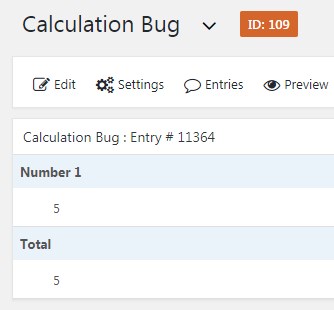 Editing interface showing calculation error; entry #11364, Number 1 is 5, Total is 5