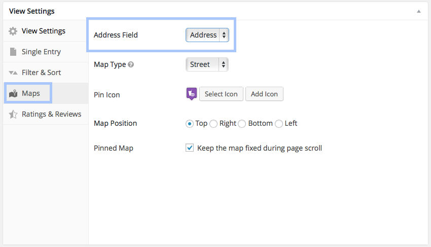 Settings panel shows options to select an address field, map type, pin icon, and map position