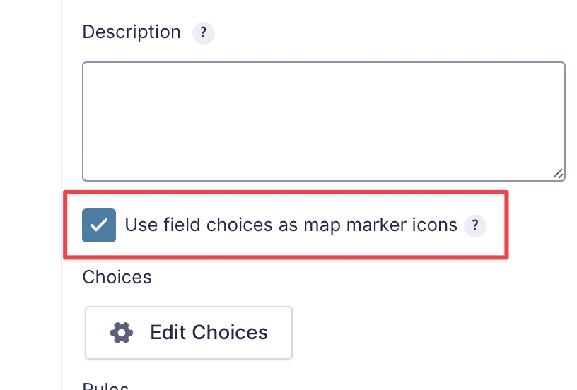 A checkbox in the field settings labeled 'Use field choices as map marker icons'