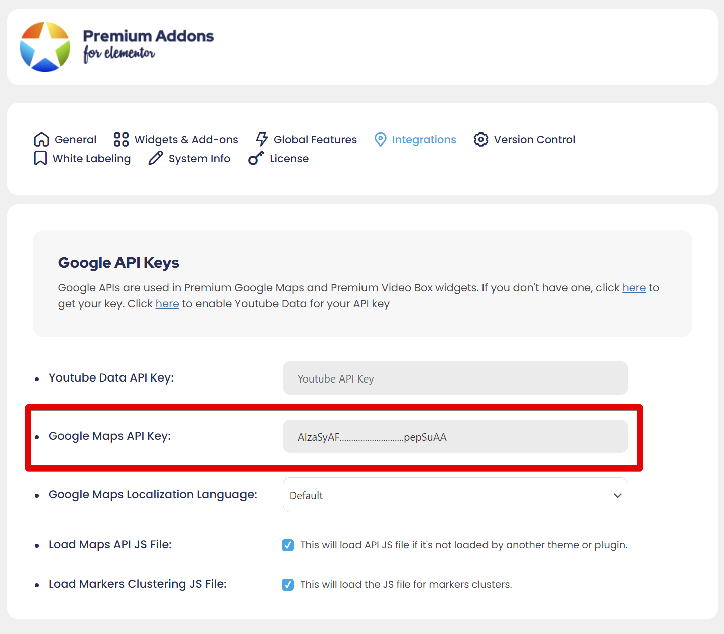 Enter Google Maps API Key into Premium Addons settings for Elementor integration