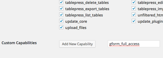 Custom Capabilities section with options to add new capabilities and input for 'gform_full_access'